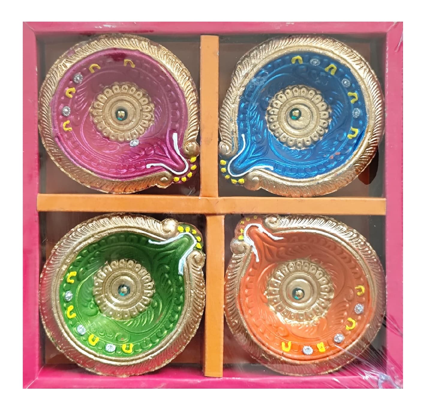 Clay Festival Lamps Diya Mix Colors 4pcs