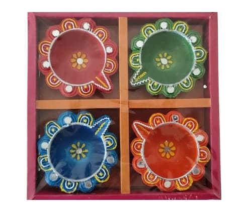Clay Festival Lamps Diya Mix Colors 4pcs