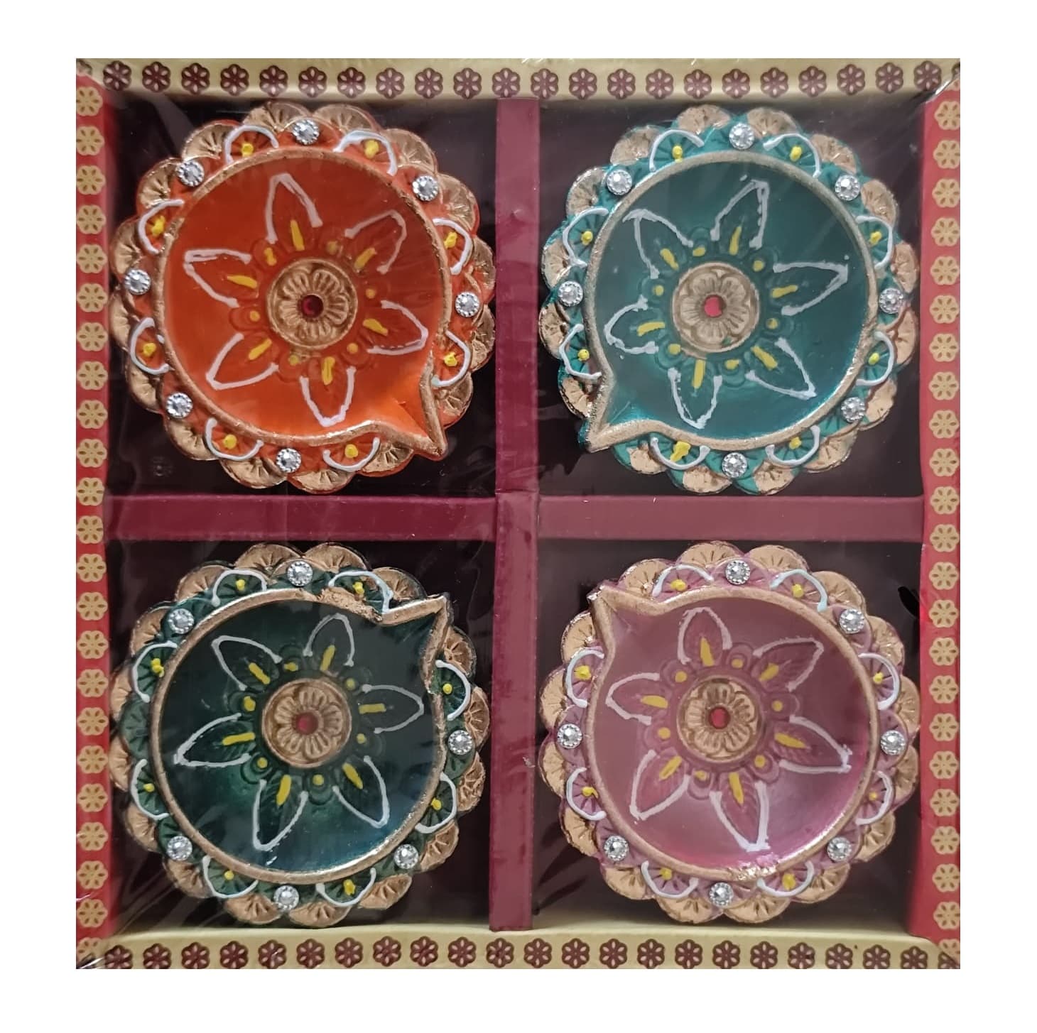Clay Festival Lamps Diya Mix Colors 4pcs