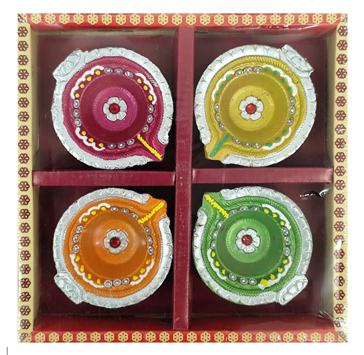 Clay Festival Lamps Diya Mix Colors 4pcs