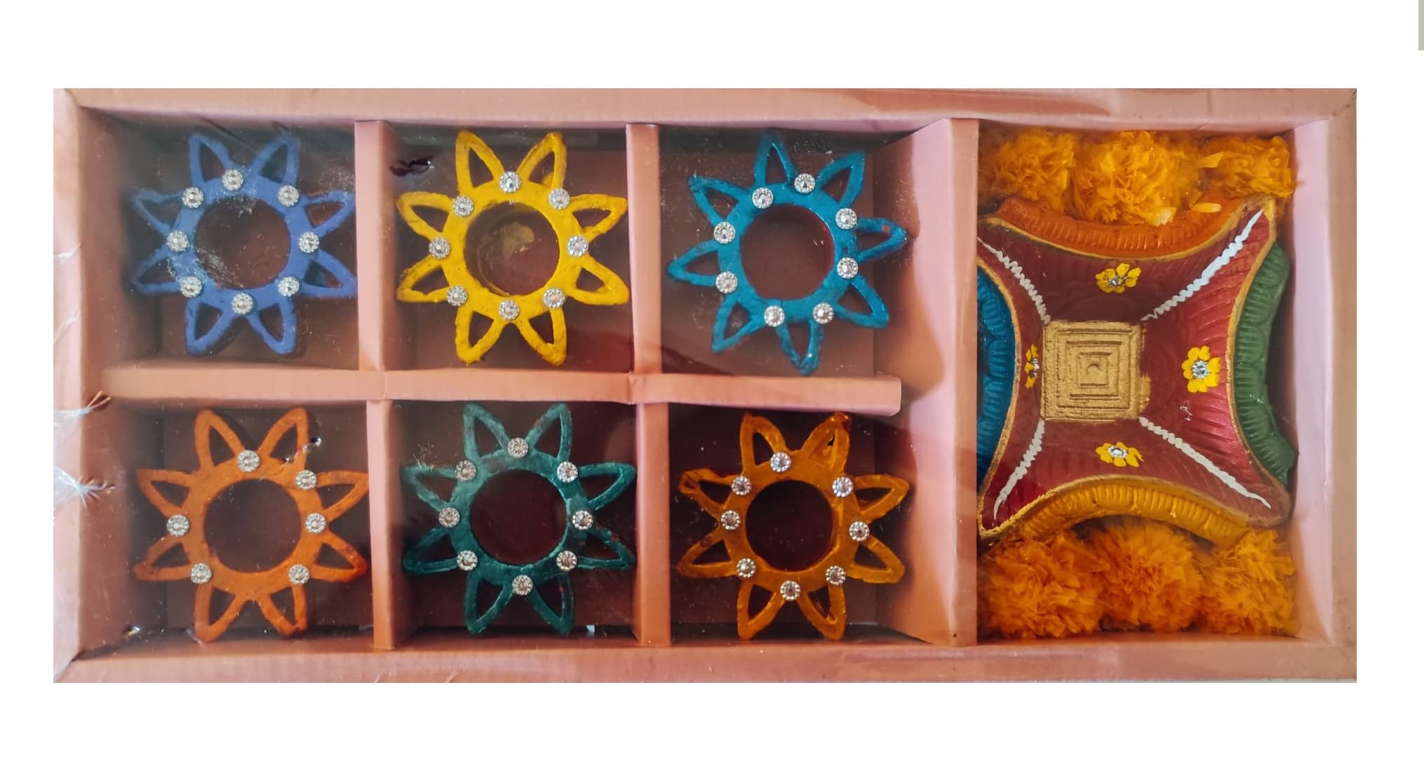 Clay Festival Lamps Star Shape Diya Mix Colors 7pcs