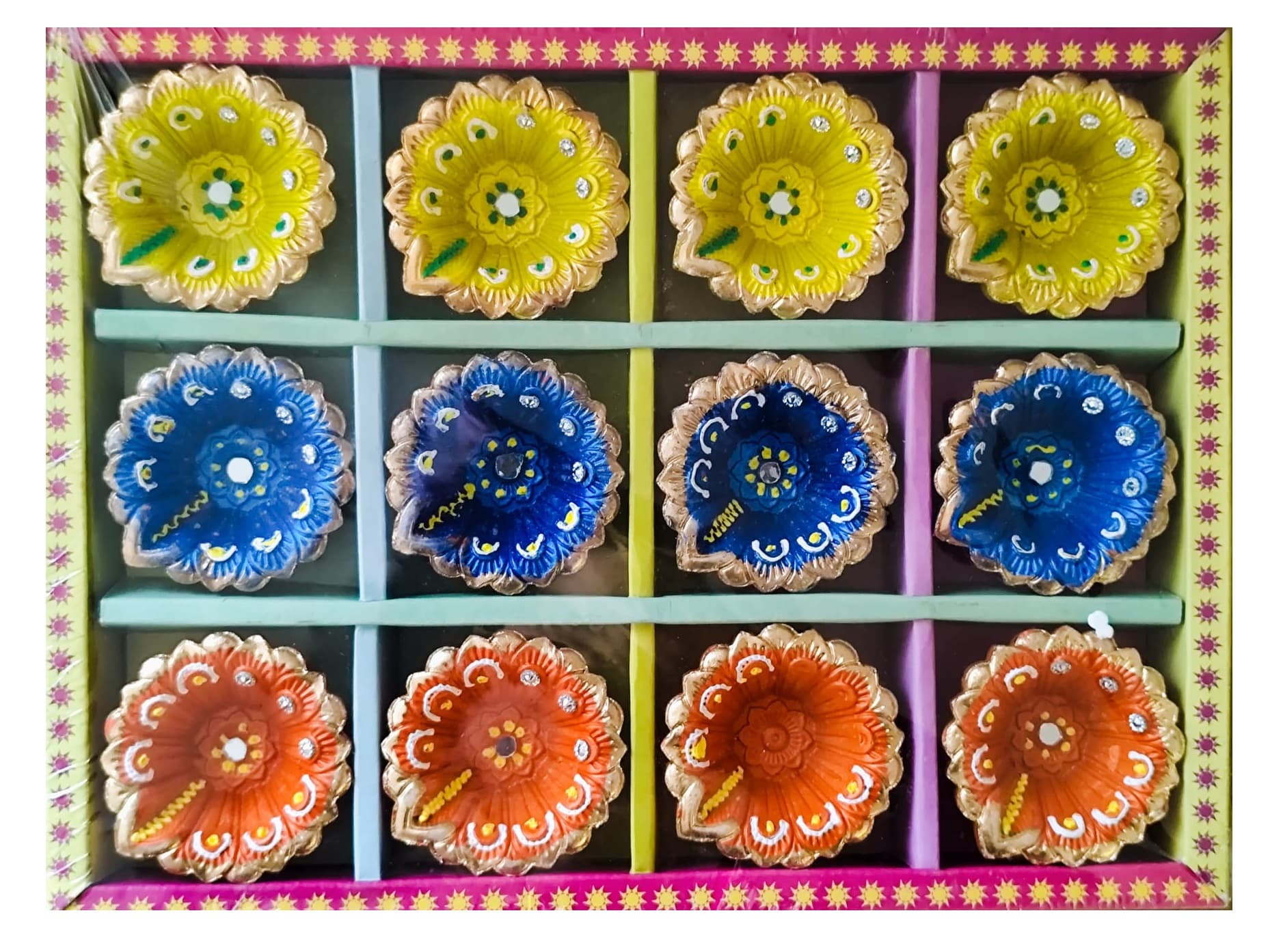 Clay Festival Lamps Diya Mix Colors 12pcs